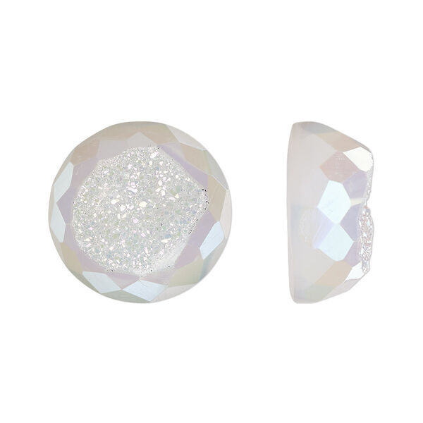Cabochon, druzy agate (coated), white opal, 16mm hand-cut loosely calibrated faceted round, B grade, Mohs hardness 7. Sold individually. image number 0