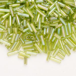 Bead, Ming Tree™, bugle bead, glass, pkg/1/4 pound, 1/4 inch, rainbow transparent grass green.