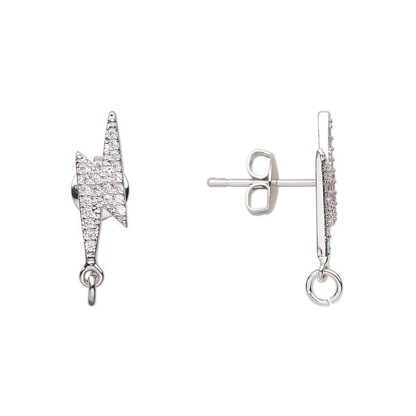 Earstud, cubic zirconia and imitation rhodium-plated brass, clear, 18.5x5mm lightning bolt with loop and open jump ring. Sold per pair. image number 0