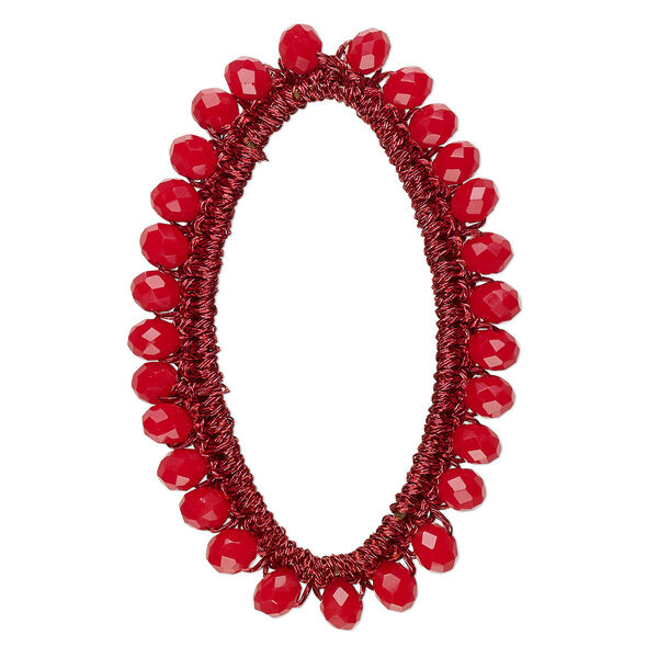 Focal, glass / nylon / steel, dark red, 49x30mm-50x32mm beaded open oval. Sold per pkg of 2. image number 0