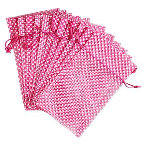 Pouch, organza, hot pink and white, 10x6 inches with dots pattern and drawstring closure. Sold per pkg of 12.