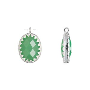 Drop, chalcedony (dyed) and sterling silver, sea green, 15x11mm double-sided faceted oval. Sold individually.
