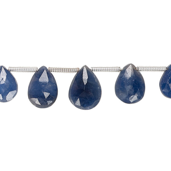Bead, blue sapphire (heated), 7x5mm-12x8mm graduated hand-cut top-drilled faceted puffed teardrop, B grade, Mohs hardness 9. Sold per pkg of 9. image number 0