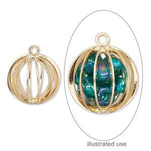 Drop, gold-plated brass and steel, 15mm round bead cage. Sold per pkg of 20.