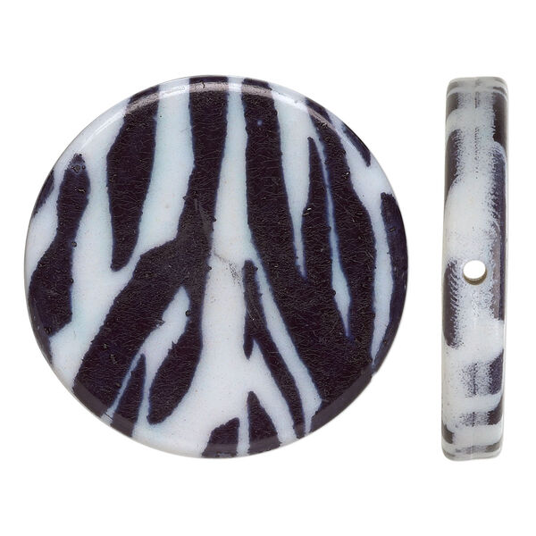Bead, acrylic, black and white, 32mm double-sided flat round with zebra pattern. Sold per pkg of 6. image number 0
