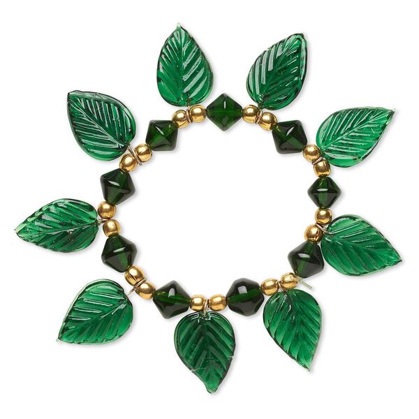 Bracelet, stretch, glass and gold-finished steel, green, 4mm round / 10x9mm double cone / 22x15mm leaf, 5-1/2 inches. Sold individually. image number 0