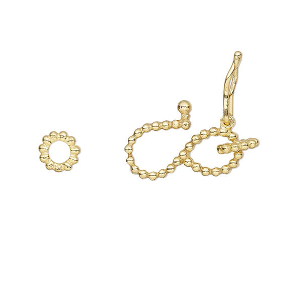 Clasp, S-hook, "vermeil", 14x8mm with dot design and safety latch with (2) 5mm closed jump rings. Sold individually. image number 0