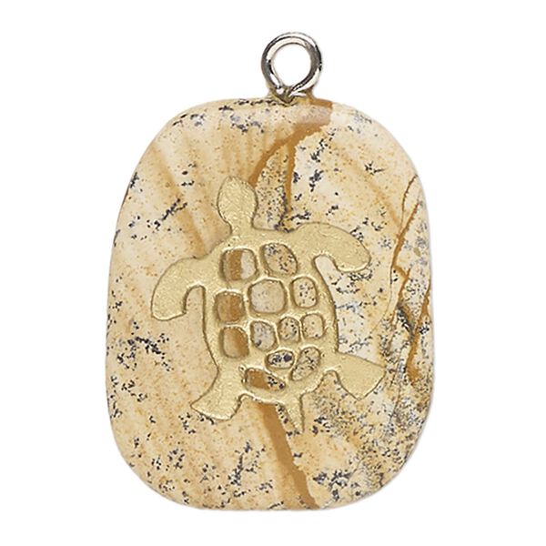 Focal, picture jasper (natural) / enamel / silver-finished steel, opaque gold, 33x27mm puffed freeform with turtle, B- grade, Mohs hardness 6-1/2 to 7. Sold individually. image number 0