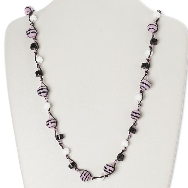 Necklace, glass and waxed cotton cord, black / white / lavender, round, 30-inch continuous loop. Sold individually. image number 0