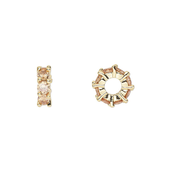 Bead, cubic zirconia and gold-plated brass, topaz, 10.5x3.5mm rondelle. Sold per pkg of 2. image number 0