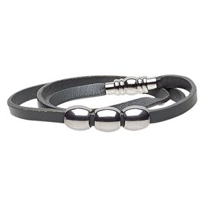 Bracelet, 3-strand wrap, leather (dyed) and stainless steel, grey, 10mm wide with 10mm barrel, 6 inches with magnetic clasp. Sold individually.