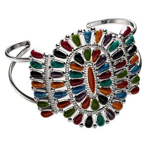 Bracelet, cuff, enamel and silver-plated brass, multicolored, 50mm wide Navajo-style cluster design, adjustable from 6-1/2 to 8 inches. Sold individually.