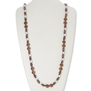 Necklace, glass and antiqued copper-finished brass, purple and clear, 35 inches with toggle clasp. Sold individually.