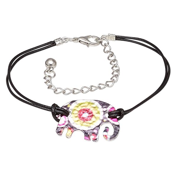 Bracelet, mylar / waxed cotton cord / imitation rhodium-plated steel / "pewter" (zinc-based alloy), black and multicolored, 28x19mm elephant with circle design, 8 inches with 3-inch extender chain and lobster claw clasp. Sold individually. image number 0