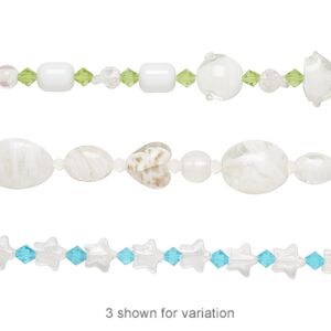 Bead mix, lampworked glass and glass, opaque to transparent multicolored, 6mm-34x25mm mixed shape. Sold per 7-inch strand.
