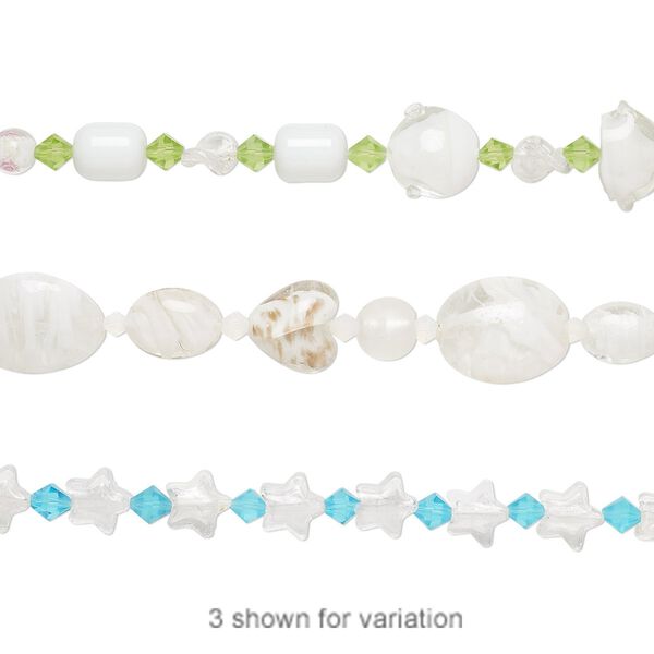 Bead mix, lampworked glass and glass, opaque to transparent multicolored, 6mm-34x25mm mixed shape. Sold per 7-inch strand. image number 0