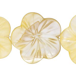 Bead, mother-of-pearl shell (dyed), pale yellow, 29x28mm-31x30mm carved flat flower, 0.6-0.8mm hole, Mohs hardness 3-1/2. Sold per 15-inch strand.