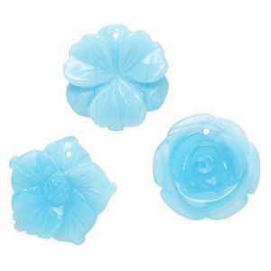 Drop mix, glass, translucent light blue, 30x26mm-31x30mm top-drilled carved flower. Sold per pkg of 3.