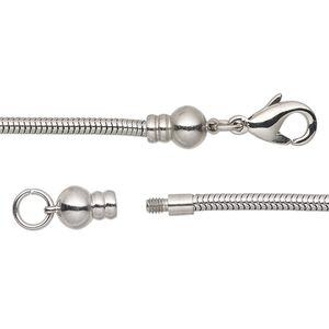 Chain 1pkg1 snake, 2.4mm / lobster claw clasp / fits 3.5-6mm hole, Dione® stainless steel 7.5 inch