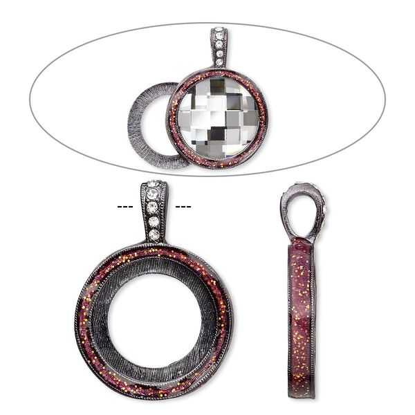 Pendant, Almost Instant Jewelry®, epoxy / crystals / gunmetal-finished "pewter" (zinc-based alloy), rose pink and crystal clear with glitter, 33x24mm single-sided with 20mm round setting. Sold individually. image number 0