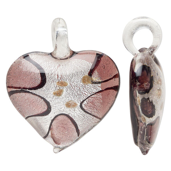 Focal, lampworked glass, translucent purple and dark purple, 43x40mm-46x45mm domed heart with copper-colored glitter and silver-colored foil. Sold individually. image number 0