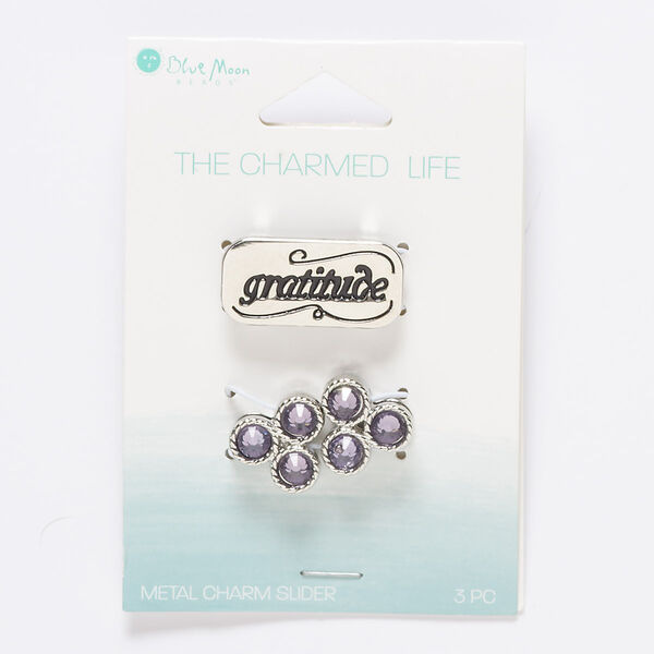 Slide mix, glass / silver- / antique silver-finished "pewter" (zinc-based alloy), and (1) 27x13mm rounded rectangle with "gratitude," and swirl design, and (2) 15mm rounded triangle, 10x2mm hole. Sold per pkg of 3. image number 0