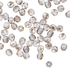 Czech fire-polished glass 1pkg120, faceted round bead half-coated opaque clear / metallic gold 4mm
