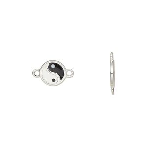 Link, sterling silver and enamel, white and black, 8mm single-sided round with yin-yang. Sold individually.