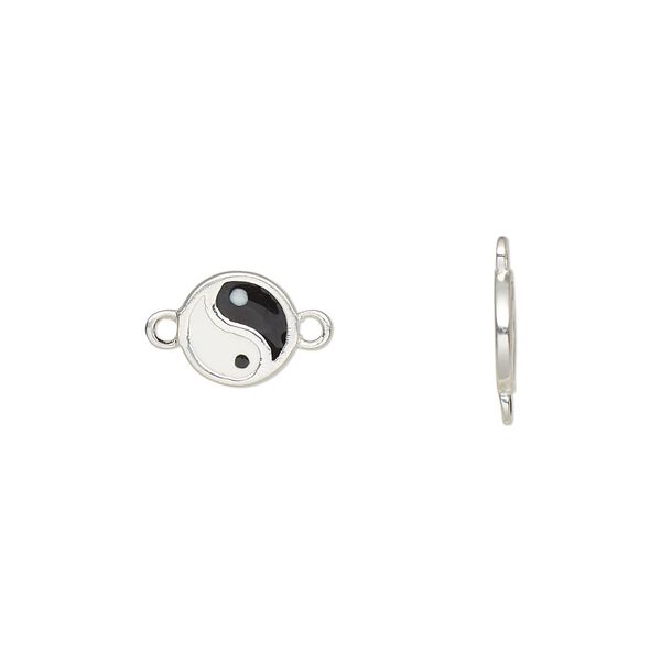 Link, sterling silver and enamel, white and black, 8mm single-sided round with yin-yang. Sold individually. image number 0