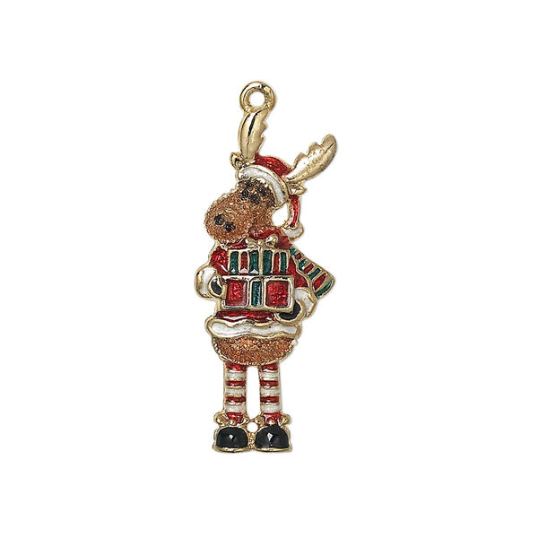 Charm, enamel and gold-finished "pewter" (zinc-based alloy), multicolored, 28.5x11.5mm single-sided Christmas moose. Sold individually. image number 0
