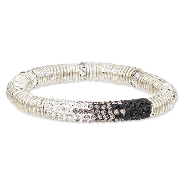Bracelet, stretch, glass rhinestone / polymer clay / silver-plated brass / steel / "pewter" (zinc-based alloy), black / white / multi-greys, 9mm wide with 45x9mm curved tube, 7 inches. Sold individually. image number 0