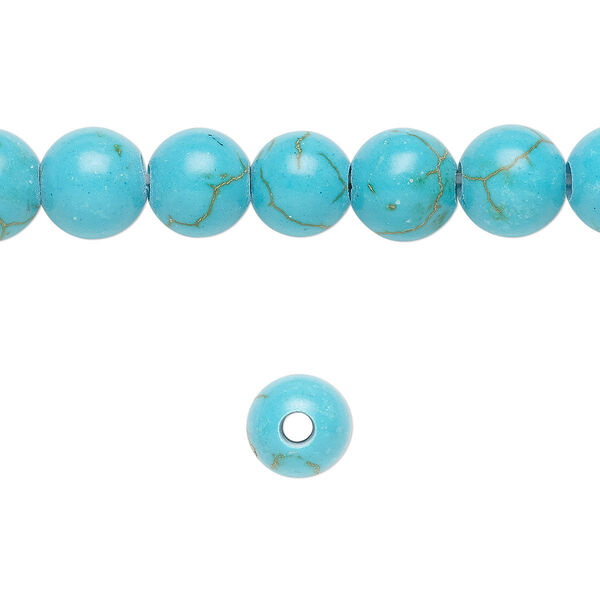 Bead, magnesite (dyed / stabilized), turquoise blue, 8mm round, B grade, Mohs hardness 3-1/2 to 4. Sold per pkg of 10. image number 0