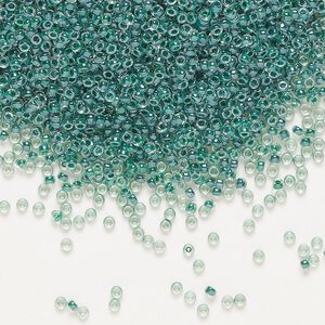 Seed bead, Miyuki, glass, pkg/35g, #15 rocaille, translucent forest green-lined luster crystal clear (RR-217).