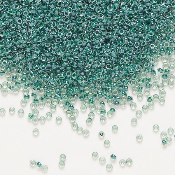 Seed bead, Miyuki, glass, pkg/35g, #15 rocaille, translucent forest green-lined luster crystal clear (RR-217). image number 0