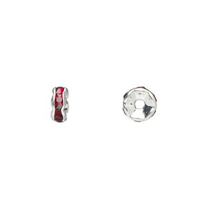 Bead, glass rhinestone and silver-plated brass, garnet red, 6x3mm rondelle. Sold per pkg of 10.