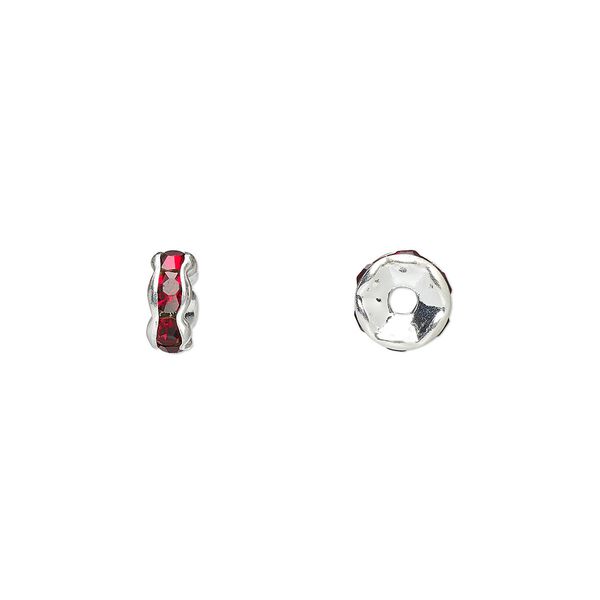 Bead, glass rhinestone and silver-plated brass, garnet red, 6x3mm rondelle. Sold per pkg of 10. image number 0