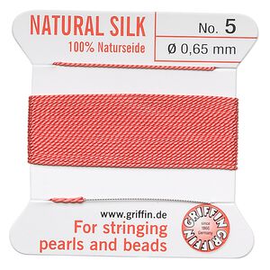 Thread, Griffin, silk, coral, size #5. Sold per 2-meter card (approximately 78 inches).