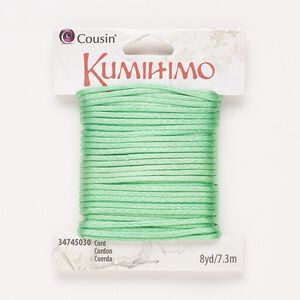 Cord, satin, green, 2mm round. Sold per 8-yard pkg.