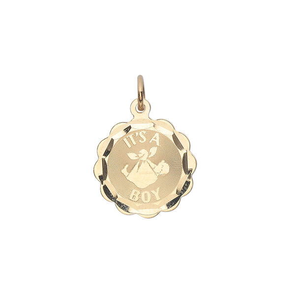 Charm, 14Kt gold, 15mm "It's A Boy" round. Sold individually. image number 0
