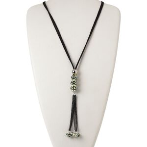 Necklace, 2-strand, velvet cord / silver-coated plastic / glass / silver-finished steel, metallic green and black, 8x6mm faceted rondelle with 6-inch dangle, 32 inches with knotted end. Sold individually.
