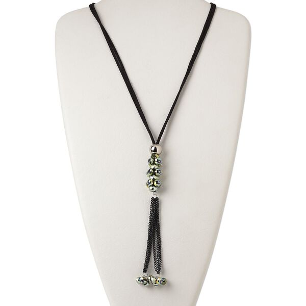 Necklace, 2-strand, velvet cord / silver-coated plastic / glass / silver-finished steel, metallic green and black, 8x6mm faceted rondelle with 6-inch dangle, 32 inches with knotted end. Sold individually. image number 0