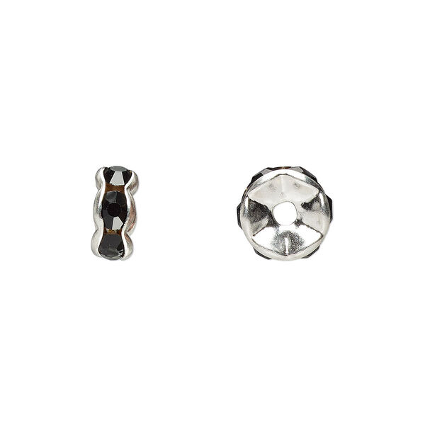 Bead, glass rhinestone and silver-plated brass, black, 8x4mm rondelle. Sold per pkg of 10. image number 0