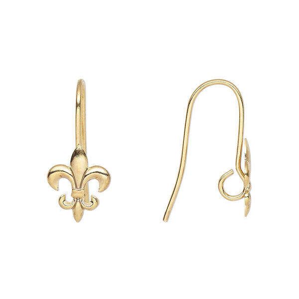 Ear wire, gold-plated brass, 18mm fishhook with 10x8mm fleur-de-lis and hidden open loop, 21 gauge. Sold per pkg of 50 pairs. image number 0