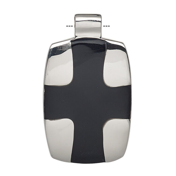 Pendant, epoxy and stainless steel, black, 38x22mm rounded rectangle with cross design. Sold individually. image number 0