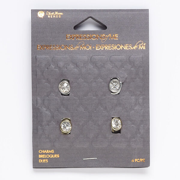 Slide, glass / gold- / silver-finished "pewter" (zinc-based alloy), clear, 8x7mm oval with 6.5mm hole. Sold per pkg of 4. image number 0