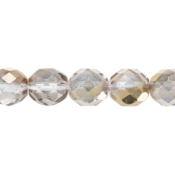 Bead, Czech fire-polished glass, clear and metallic 24Kt gold, 10mm faceted round. Sold per 15-1/2" to 16" strand. image number 0