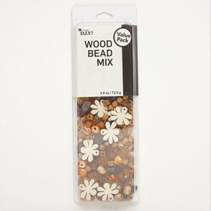Bead and component mix, wood (natural/coated) and acrylic, pkg/2.6 ounces, tan/brown/amber, 6mm-24x20mm mixed shapes.