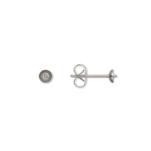 Earstud 1pkg20, 4mm cup / 2.5mm peg / 4-6mm half-drilled round setting / earnuts, stainless steel 10 pair