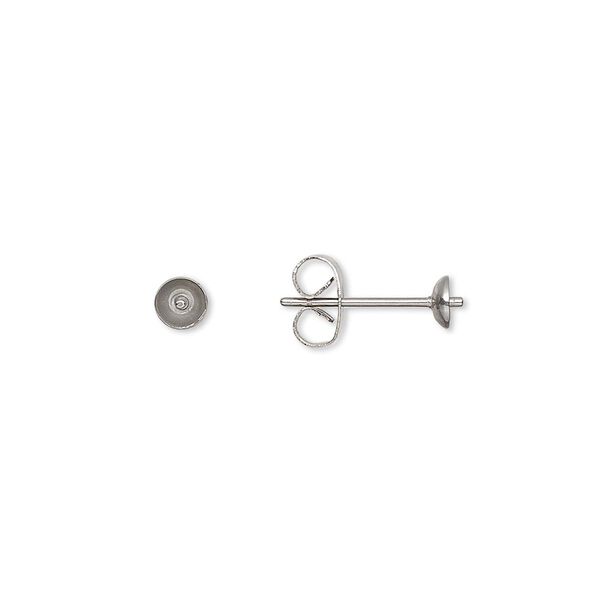 Earstud 1pkg20, 4mm cup / 2.5mm peg / 4-6mm half-drilled round setting / earnuts, stainless steel 10 pair image number 0