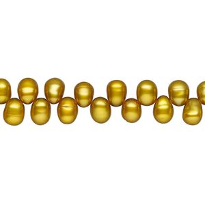 Pearl, cultured freshwater (dyed), dark gold olive, 4-6mm top-drilled rice, C grade, Mohs hardness 2-1/2 to 4. Sold per 15-inch strand.